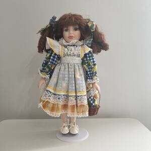 Vintage Fine Porcelain Collector's Doll - Blue Eyes, Blue Gingham & Lemon Dress
